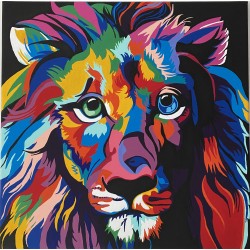 Cuadro pintado a mano sobre un león con colores intensos. 50x50
