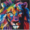 Cuadro pintado a mano sobre un león con colores intensos. 50x50