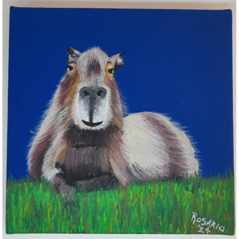 Cuadro pintado a mano de Carpincho / Capibara de 18 x 18 cm