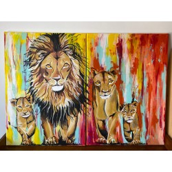 Cuadro díptico pintado a mano sobre una familia de leones. 50 x 70 c/u