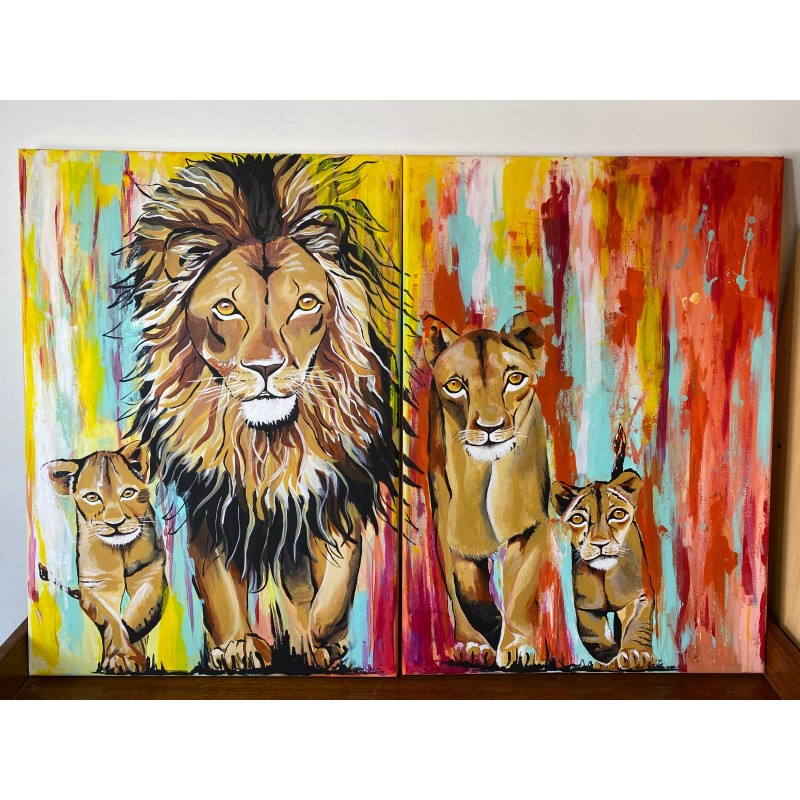 Cuadro díptico pintado a mano sobre una familia de leones. 50 x 70 c/u