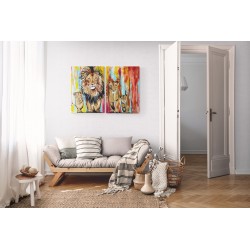 Cuadro díptico pintado a mano sobre una familia de leones. 50 x 70 c/u