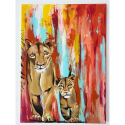 Cuadro díptico pintado a mano sobre una familia de leones. 50 x 70 c/u