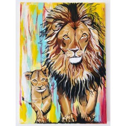 Cuadro díptico pintado a mano sobre una familia de leones. 50 x 70 c/u