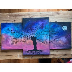Cuadro triptico pintado a mano sobre arbol de la vida. cuadro central 50 x 70 y laterales de 40 x 50