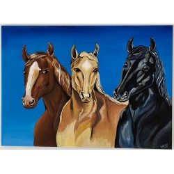 Cuadro pintado a mano Representa tres caballos: uno castaño, uno bayo y uno negro. 50 x 70