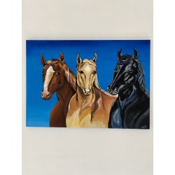 Cuadro pintado a mano Representa tres caballos: uno castaño, uno bayo y uno negro. 50 x 70