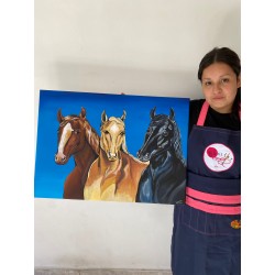 Cuadro pintado a mano Representa tres caballos: uno castaño, uno bayo y uno negro. 50 x 70