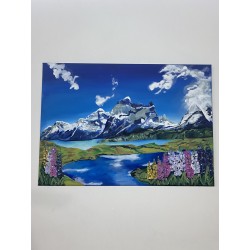 Cuadro  de 70 x 50. Paisaje Patagónico: Montañas y Lupinos